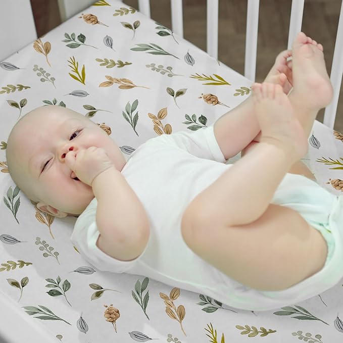ACRABROS Crib Sheets for Girl Boy: Stretchy Baby Fitted Crib Mattress Sheets Sets 2 Pack Standard Size Ultra Soft Neutral, Rose&Leaf