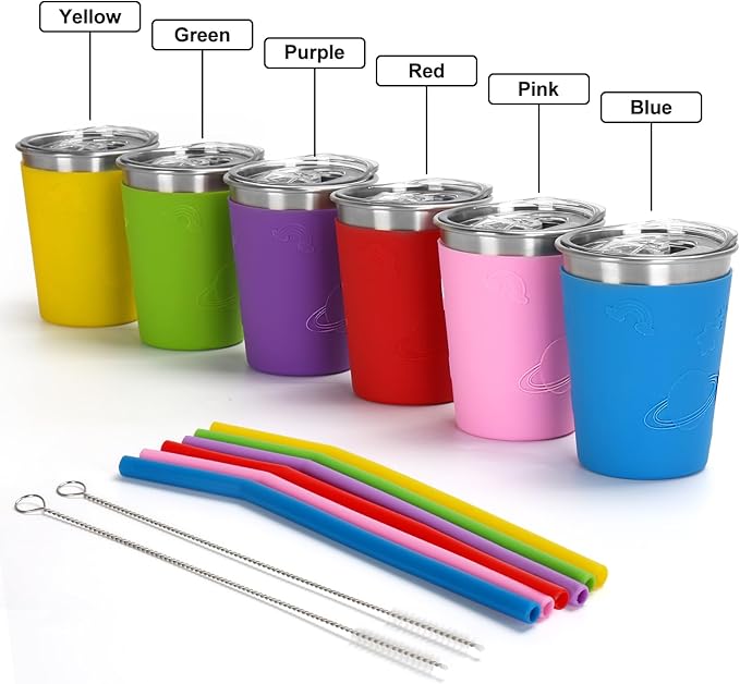 Kids Cups with Rainbow Silicone Sleeves, 12oz Stainless Steel Cups with Lids and Straws, 304 Stainless Steel Travel Tumbler, Spill Proof Toddler Cups for Cold Drinks & Hot Drinks, 6 Pack