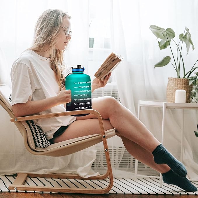 QuiFit Motivational Gallon Water Bottle - with Time Marker & Infuser & Flip Top Leak-Proof Reusable Water Jug for Fitness Outdoor Sports Enthusiasts BPA Free (A8-Green/Black Gradient, 1 Gallon)