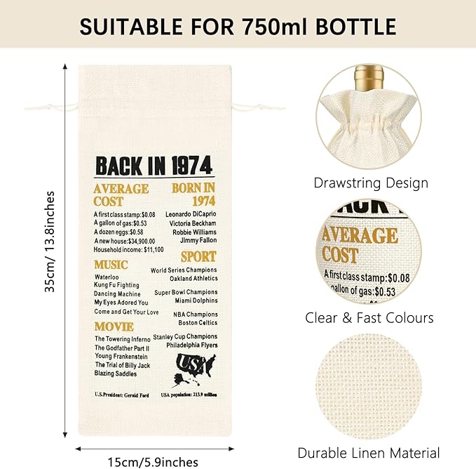 DAZLUTE 50th Birthday Gifts for Women, 50 & Fabulous Wine Glass with 1 Pack Reusable Burlap Wine Bag, 50 Year Old Wine Glass Birthday Gift for Women Mom Friend Sister Wife Aunt Grandma, 17 Oz Gold