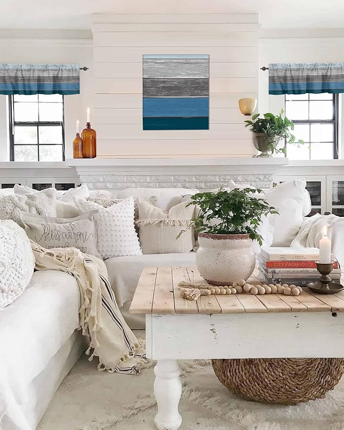 Farmhouse Kitchen Curtains Valances for Windows ,Blue Gray Ocean Hues Rod Pocket Country Window Treatment for Kitchen /Living Room/Bedroom/ Bathroom,60" X 18" -1 Panel, Retro Rustic Barn Wood Texture