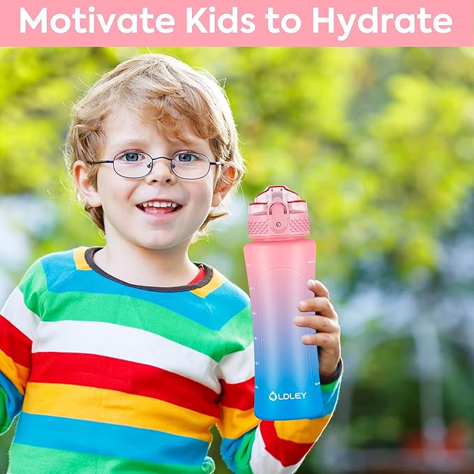 OLDLEY Kids Water Bottle for School with Straw Chug Lid, 15 oz Unbreakable Leak-Proof BPA-Free Motivational Water Bottles with Time Marker for Travel Sports Gym, 2 Lids, Candy Pink/Blueberry