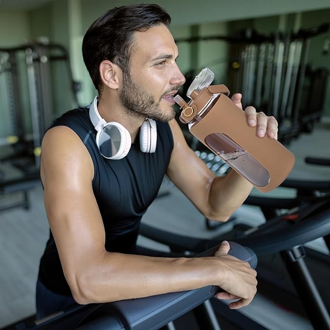 Moretoes 64oz Glass Water Bottle, Glass Bottle with Silicone Sleeve and Time Marker for Gym Home Office (Amber)