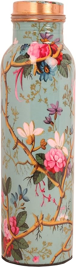 Pure Copper Water Bottle - Handcrafted - Ayurveda health benefits - Large 35 oz - Leak proof - Easy to carry for Sports, Fitness, Yoga, School - Sky Blue Base Floral Vines Colorful Enamel