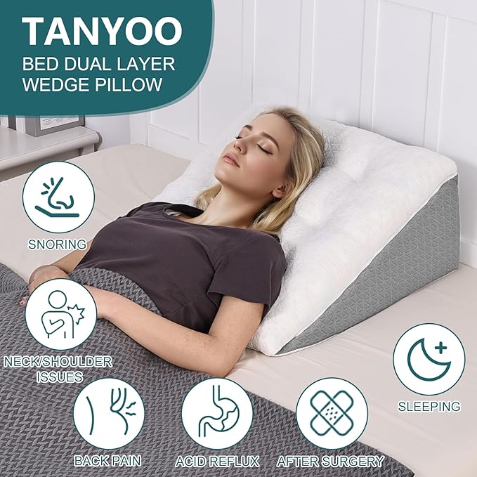 TANYOO Bed Wedge Pillow for Sleeping Patent Dual Layer Shredded Memory Foam Topper 11 Inch Triangle Pillow Great for Side Sleeper, Back Support, Acid Reflux, Anti Snoring Removable Breathable Cover