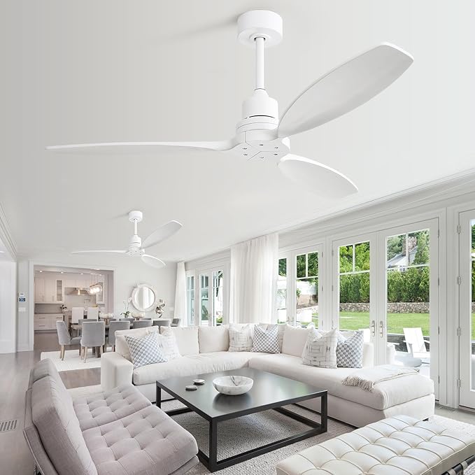 Sofucor 52 Inch Ceiling Fan no Light, Outdoor Indoor Modern White Ceiling Fan with Remote Control and with Reversible Quiet DC Motor, 6 Speed, 3 Downrods, for Farmhouse Bedroom Patio Balcony