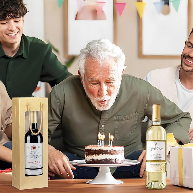 Megitzuu Wine Bottle Gift Bags With Window, 10 Pack Reusable Kraft Paper Gift Bags for Wine Bottle Birthday Party Wedding Bridal Shower