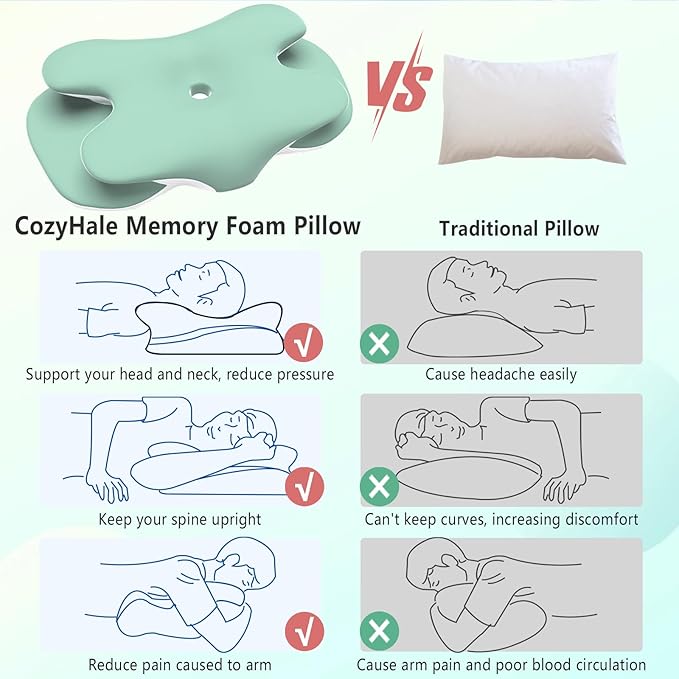 Cervical Pillow for Neck and Shoulder Pain Relief, Ergonomic Neck Pillow for Sleeping, Contour Memory Foam Cervical Pillow, Neck Pillow for Side Back Stomach Sleepers with Silk Fabric (Light Green)