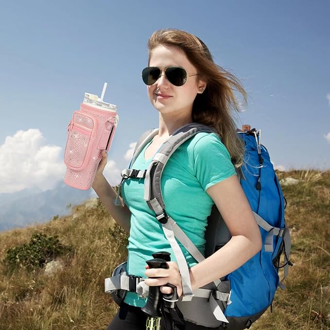 Bling Water Bottle Carrier Bag with Phone Pocket,Water Bottle Holder Bag for Stanley Cup Accessories,Cup Holder with Adjustable Shoulder Strap with Stanley 40 & 30 oz Tumbler,Pink