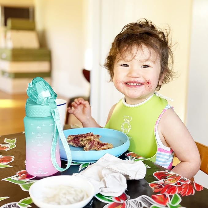 OLDLEY Kids Water Bottle for School, 12 oz (2 lids) BPA-Free Reusable Leak-proof Durable Tritan Plastic Water Bottles with Straw & Chug Lids, Anti-dust Spout Cover (Mintpink)