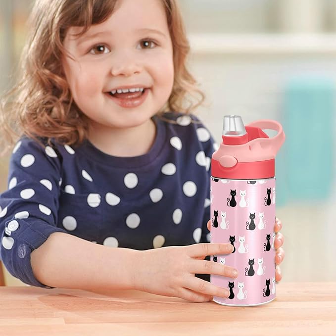 Black White Cat Kids Water Bottle with Straw Pink Insulated Stainless Steel BPA-Free Sport Bottles for Boys Girls Toddlers 12 oz Lid