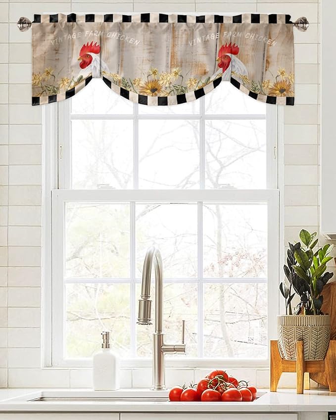 Farmhouse Blackout Tie Up Valance Curtains for Kitchen Windows Sunflower Vintage Farm Chicken Window Toppers Balloon Shades for Living Room/Bathroom/Bedroom,1 Panel,60" X 18" Black White Plaid