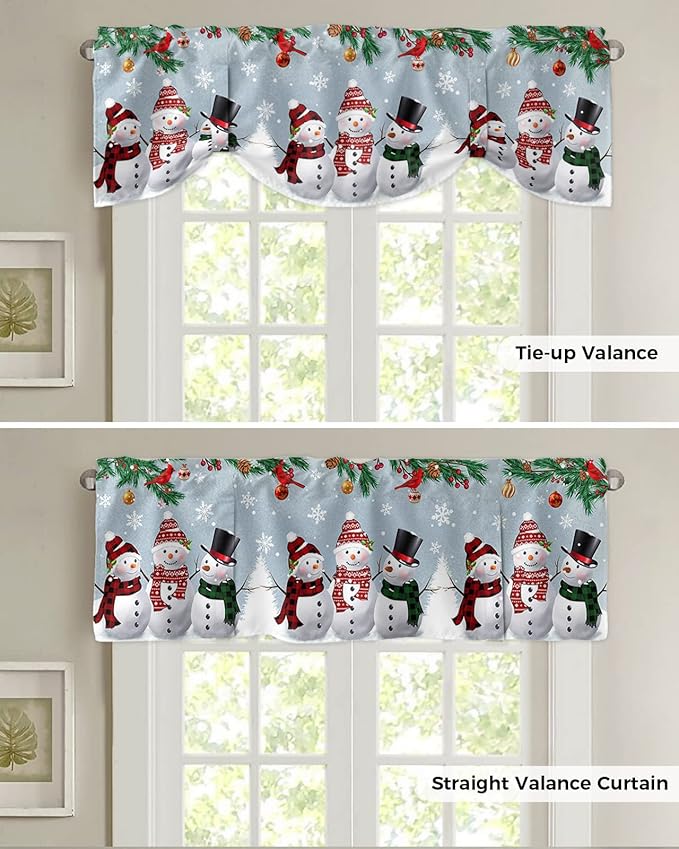 Christmas Blackout Tie Up Valance Curtains for Kitchen Windows Snowman Cardinal Window Toppers Balloon Shades for Living Room/Bathroom/Bedroom,1 Panel,54" X 18" Bluish Grey Winter Holiday
