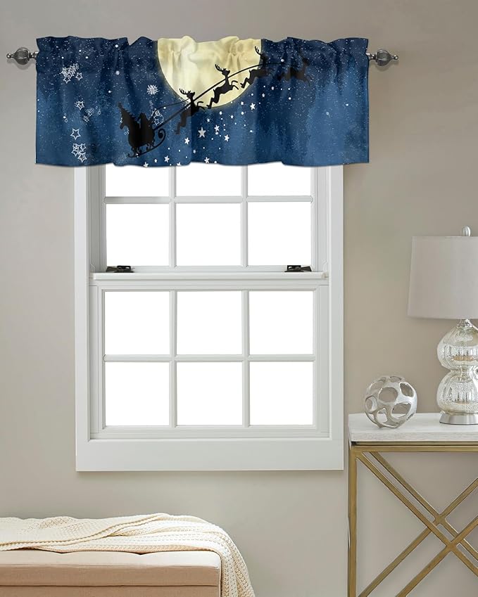 Christmas Kitchen Curtains Valances for Windows Santa Claus Reindeer Rod Pocket Window Treatment for Kitchen/Living Room/Bedroom/Bathroom,60" X 18" -1 Panel, Blue Snowy Night