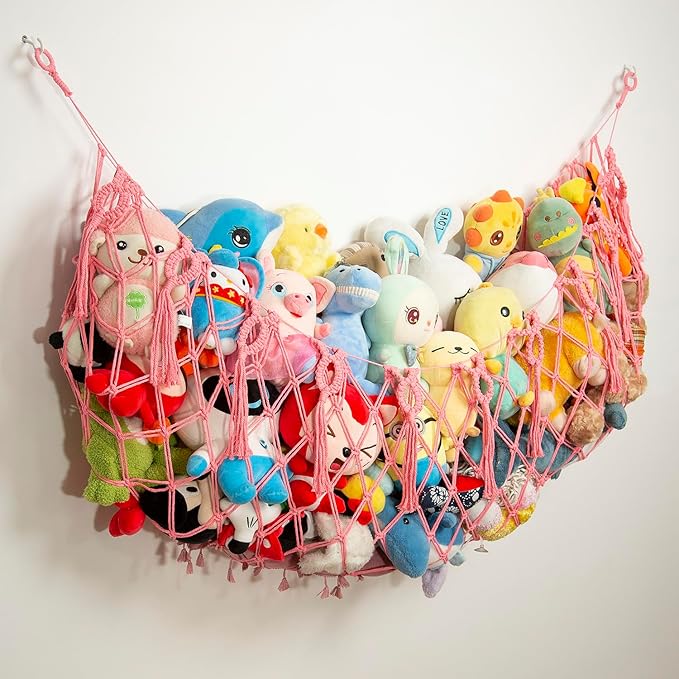 Large Stuffed Animal Storage Net or Hammock Wall Mounted Macrame Stuffed Animal Display For Nursery Hanging Organizers Pink