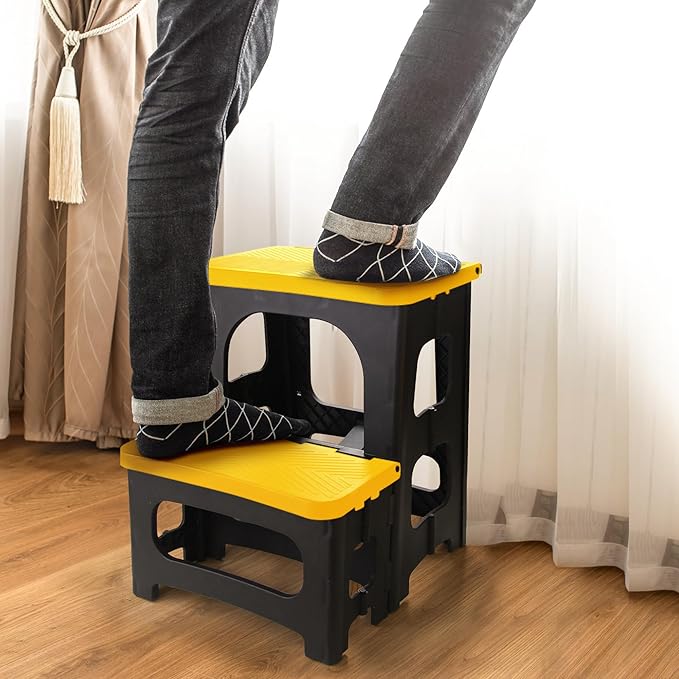 Folding 2-Step Stool, Non-Slip Portable Footstool 8" & 17" Dual Heights, Holds 300 lbs, Portable Footstool for Kitchen Home Toilet Bedroom Office Bathroom RV(Yellow)