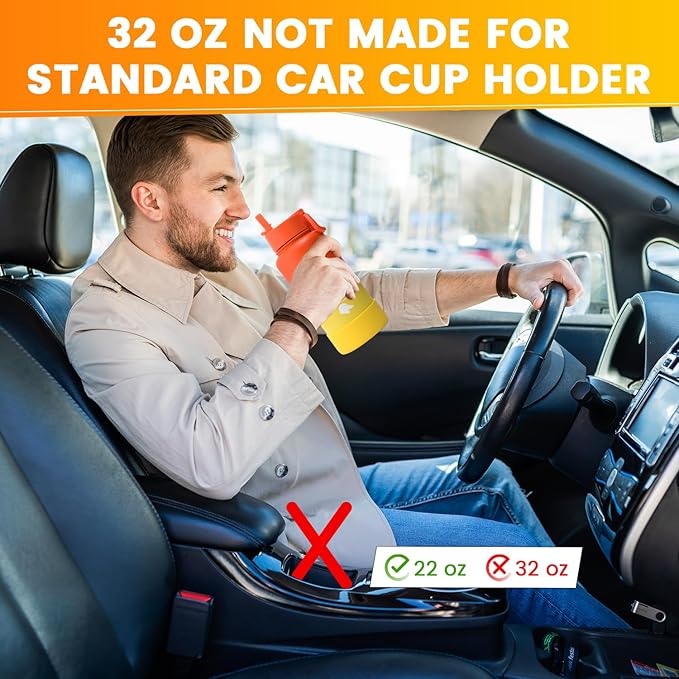 Water Bottle 32oz, Triple Walled Insulated Stainless Steel Reusable Bottle, Silicone Sleeve, Cleaning Brush, 2 Lids (Spout lid & Straw lid w/2 straw), Metal Mug Gallon, BPA Free, Sunset