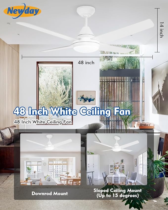 Newday 48-in Ceiling Fan with Lights and Remote, White Ceiling Fan with 4 Reversible Blades, Quit Motor, 3 Speed, Modern Adjustable Color Temperature for Indoor Outdoor