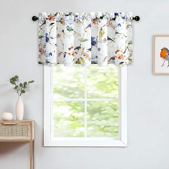 Leeva Birds Vines Printed Curtains Valances for Kitchen Bath Laundry Bedroom Living Room, Rod Pocket Valance for Windows, 52 x 18 Inch, Blue Birds