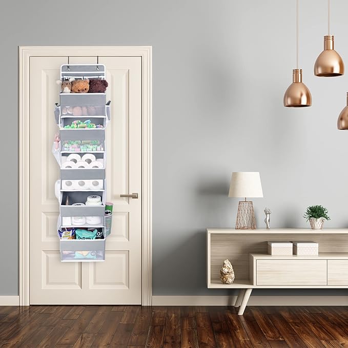 Univivi Over Door Hanging Organizer Storage with 5 Large Pockets and 2 Small PVC Pockets for Cosmetics Wall Hanging Storage Organizer for Pantry Baby Nursery Bathroom Closet Dorm(Grey)