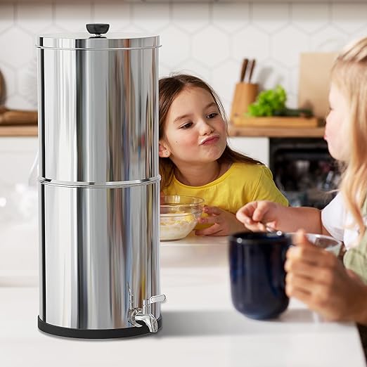 Gravity-Fed Water Filter System 1.5G Stainless Steel Countertop Water Filtration System with 2 Carbon Filters Reduce Lead and 99% Chlorine Conforms to NSF/ANSI 42&372 Standards Portable