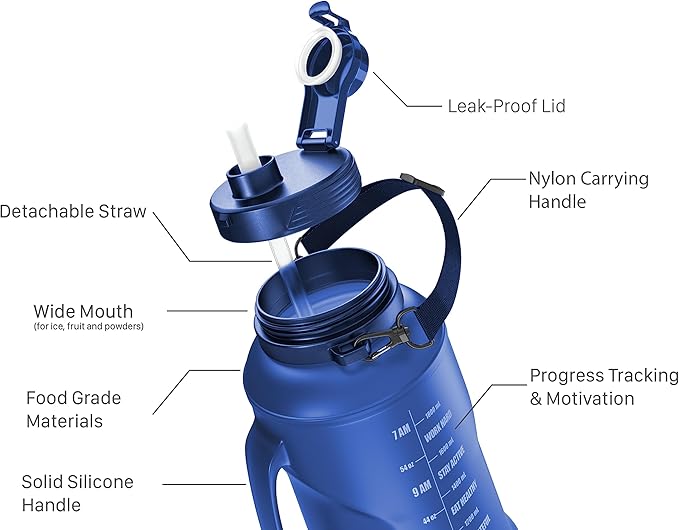 Collapsible Water Bottle for Traveling, Workout or Hiking 64oz Gen 2.0 - Motivational Water Bottle with Time Markings - Half Gallon / 2 L Capacity - BPA Free & Dishwasher Safe (Deep Blue + Filter)