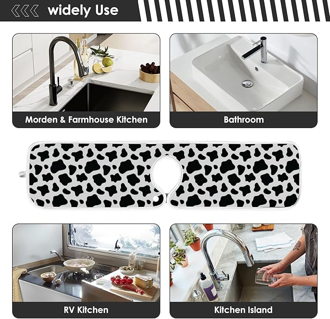 Kitchen Faucet Absorbent Mat,Cow Print Water Splash Guard for Sink, Faucet Drip Catcher Thicken Sponge Microfiber Faucet Water Catcher Mat Sink Absorbent Mat for Kitchen 23x5in 2 Pack