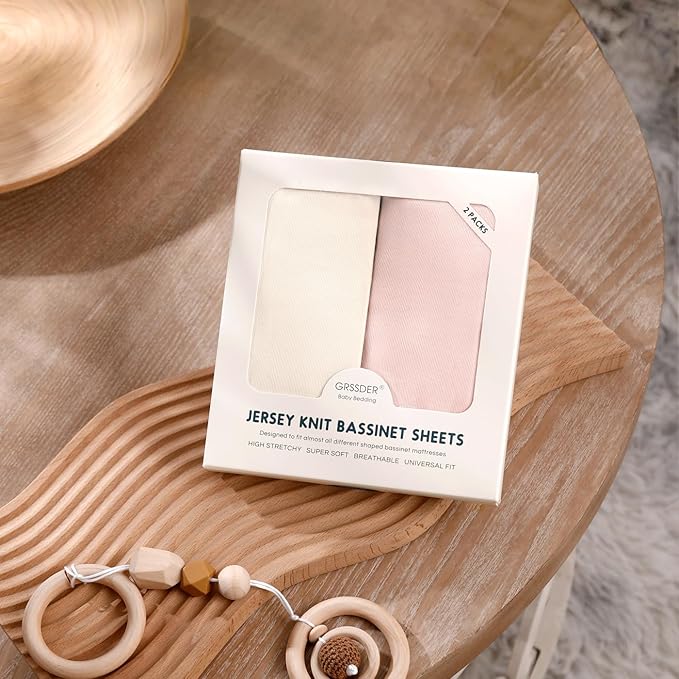 GRSSDER Stretchy Ultra Soft Fitted Bassinet Sheet 2 Pack, Universal Fit for Bassinets Baby Cradle Moses Basket Oval Rectangle Mattress Safe and Snug, Jersey Bassinet Sheets for Girls, Cream/Pink