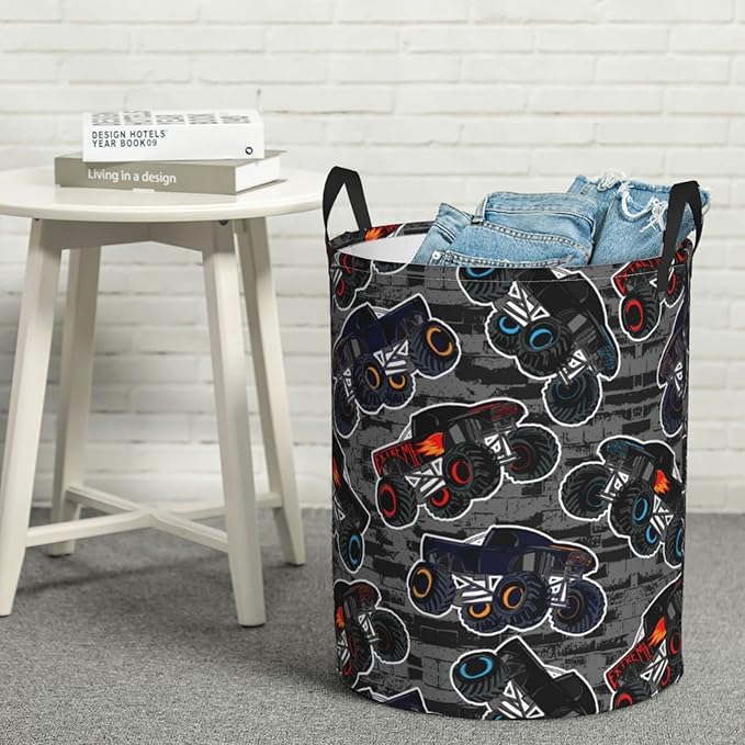 Monster Truck Boys Style Round Laundry Hamper Storage Basket Toys Clothes Organizer Bin For Home Bathroom Bedroom Dorm Nursery, 38l