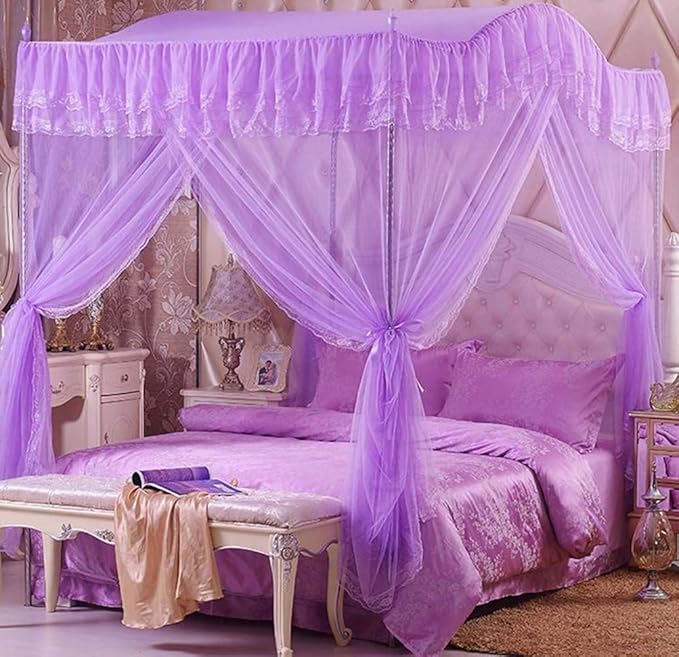 Mengersi Arched 4 Corners Post Bed Curtain Canopy Net Square Princess Fly Screen, Indoor Outdoor (Full, Purple)