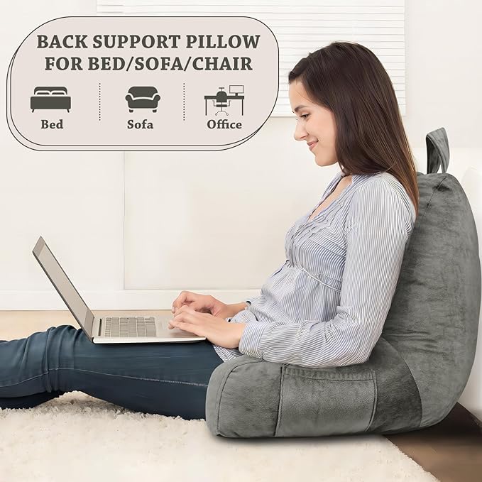 LOVTEX Reading Pillow with Removable Cover, Back Pillow for Sitting Up in Bed with Arms and Pockets, Bed Rest Pillow Adult, 20 x 15 Inches(Dark Grey)