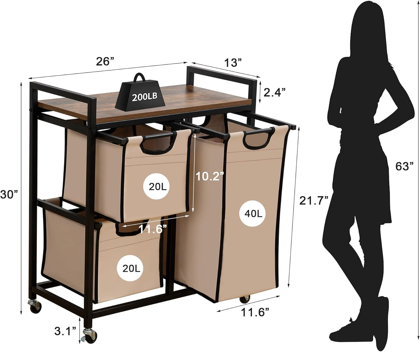 Laundry Basket Organizer - Hampers with 3 Compartments, Sliding Laundry Sorter Bags, Top Storage Shelf, Metal Frame