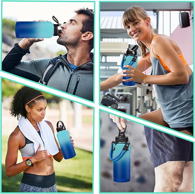 Stainless Steel Flask Water Bottle - 32oz/40oz/64oz Insulated Water Bottle with Straw & Spout Lids, Paracord Handle, Strap Sleeve, Protective Cup Mat, Wide Mouth Hydro Thermo Bottle Sports Office