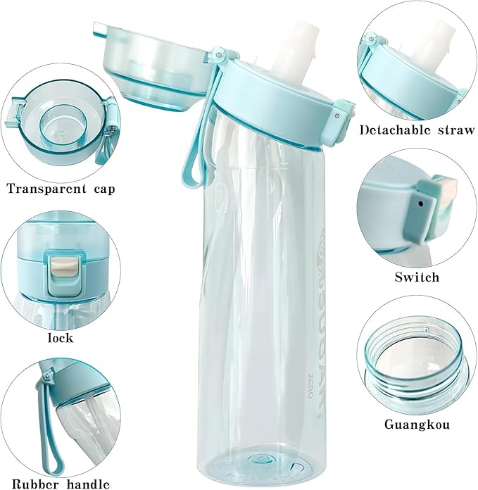 Water Bottle with 7Pcs Air Flavor Pods, Air Bottle Pods Water Bottle, Flavor Caps with Water Bottle, Fruit Scent Pods for Outdoor Sport(Blue-7 Pods)