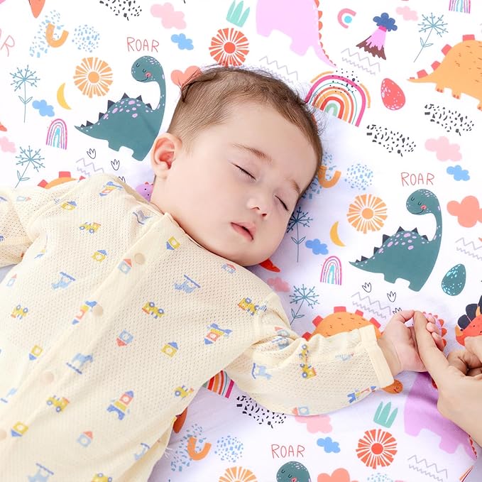 JISEN Baby Crib Sheet 1 Piece Portable Fitted Crib Sheet for Standard Crib and Toddler Mattresses Nursery Bed Decor for Boys Girls 28x52 Inch Multicolor Dinosaurs
