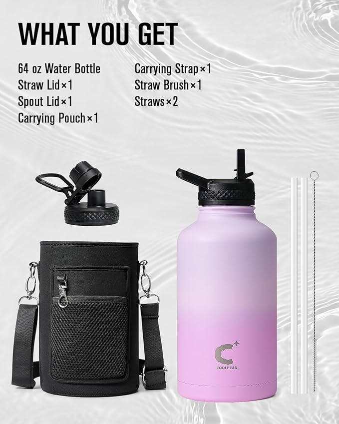 Coolplus Half Gallon Water Bottle With Straw Lid, 64 oz Insulated Stainless Steel Water Jug Metal Double-Walled Vacuum Large Flask With Carry Sleeve Leakproof, Keep Cold 48 Hrs Hot 24hrs, Purple
