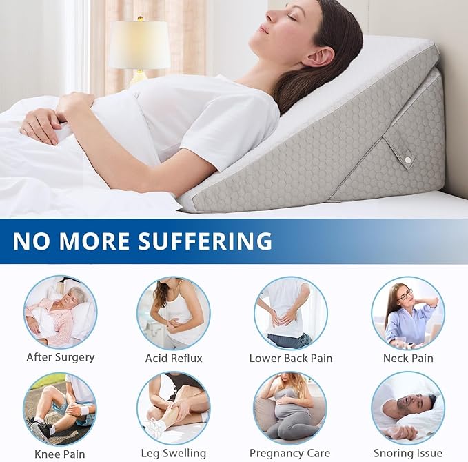 SASTTIE Wedge Pillow for Sleep Apnea, 12 Inch Bed Wedge Pillow for Back Pain Relief, Adjustable Memory Foam Pillow Wedges for Sleeping Acid Reflux, Shoulder Pain Relief and Snoring, Light Grey & White