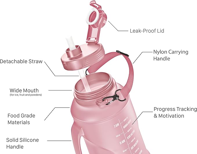 Collapsible Water Bottle for Traveling, Workout or Hiking 64oz Gen 2.0 - Motivational Water Bottle with Time Markings - Half Gallon / 2 L Capacity - BPA Free & Dishwasher Safe (Fruity Pink + Filter)