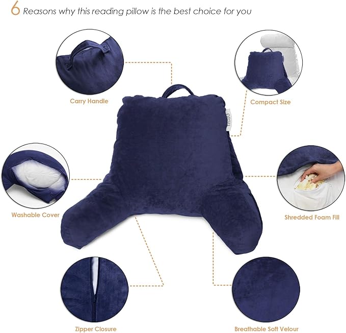 Nestl Reading Pillow Standard Bed Pillow, Back Pillow for Sitting in Bed Shredded Memory Foam Chair Pillow, Reading & Bed Rest Pillows Navy Blue Back Pillow for Bed, Bed Chair Arm Pillow with Pockets