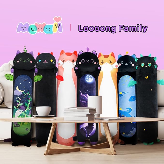 Long Cat Plush Kawaii Kids Plush Toy Pillows, Cute Black Cat Stuffed Animals Soft Plushies, Kitten Big Plush Toys Throw Body Pillow Doll Gift for Girls Boys (Purple Devil Cat 44 Inch)