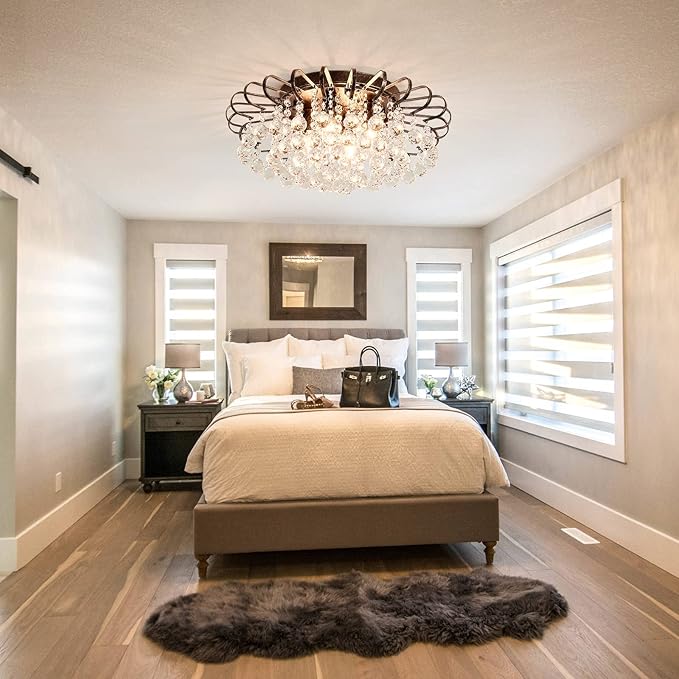 CVKASH 4-Light Crystal Floral Chandelier Modern Bronze Flush Mount Raindrop Crystal Ceiling Lighting Fixture Farmhouse Chandelier for Bathroom Living Room Bedroom Dining Room Entryway