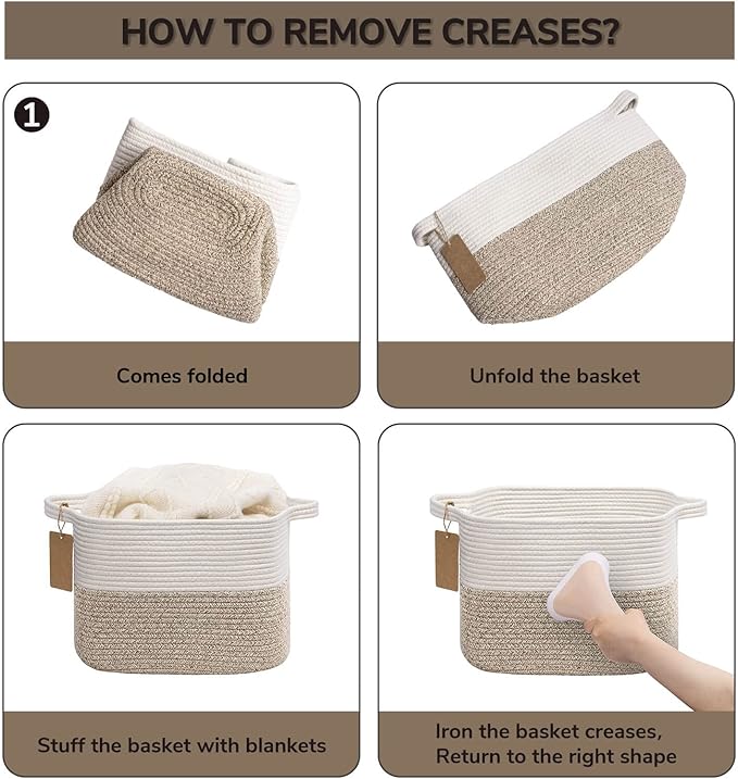 Goodpick Woven Storage Basket for Shelves, Cotton Rope Dog Toy Bin, Empty Gift Basket with Handles, Square Baskets for Storage, Brown and White Storage Bin, 13 x 10 x 9 Inches