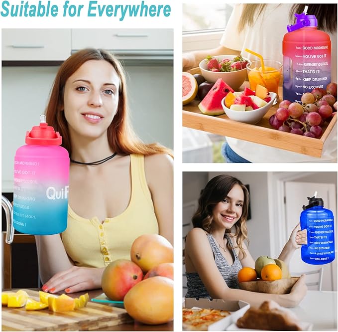 QuiFit 1 Gallon Water Bottle - with Straw & Motivational Time Marker Leak-Proof BPA Free Reusable Gym Sports Outdoor Large(128OZ) Capacity Water Jug(Blue,1 Gallon)