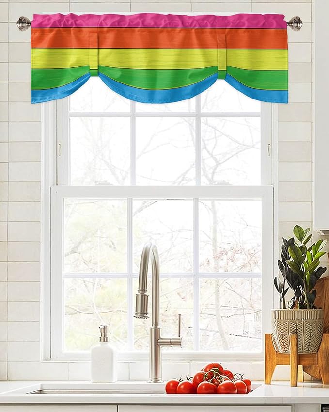 Farmhouse Blackout Tie Up Valance Curtains for Kitchen Windows,Rainbow Retro Rustic Barn Wood Texture Window Toppers Balloon Shades for Living Room/Bathroom/Bedroom,1 Panel,42" X 18" -1 Panel
