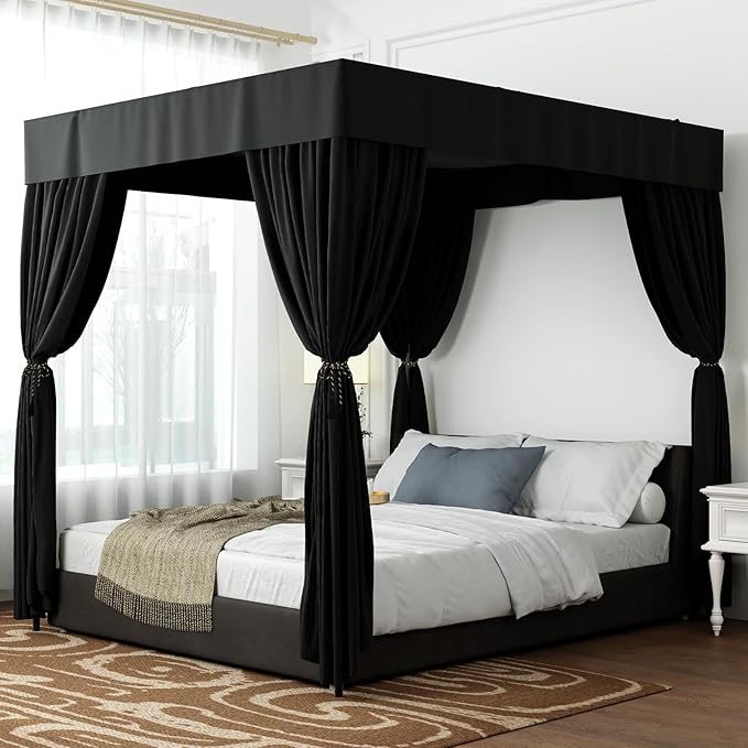 Hvqic Black Canopy Bed Curtains - 4 Corner Post Bed Curtains Queen Bed Curtains Lightproof Drapes Bed Canopy for Adults & Girls Bedroom Decoration (Queen,Black)