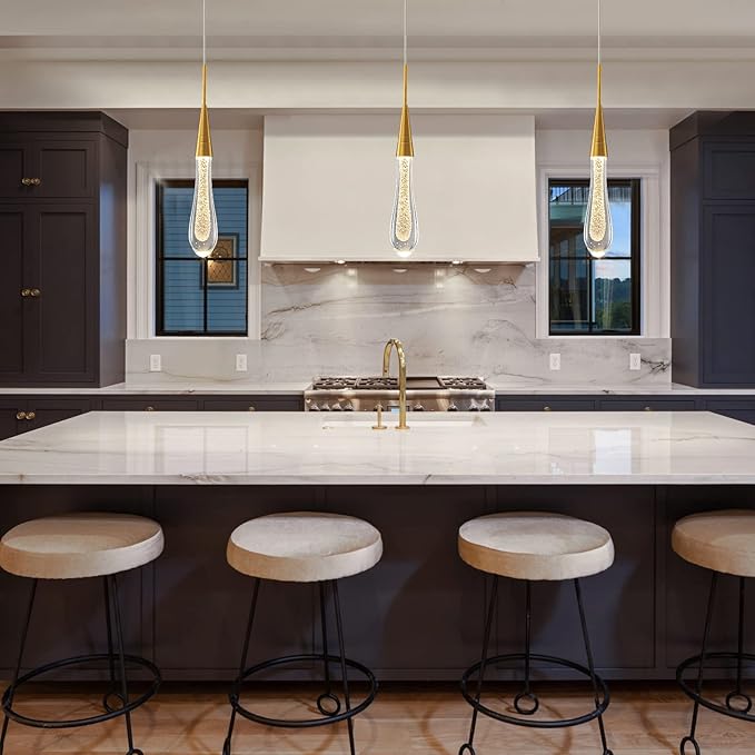 LMQNINE Kitchen Light Fixtures Ceiling Dimmable LED Modern Gold Pendant Light Mini Teardrop Crystal Pendant Light for Kitchen Island Bedroom Hallway Entryway (3-Pack) (020-3)