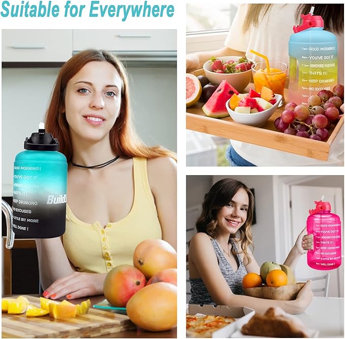 QuiFit Half Gallon Water Bottle - with Straw & Motivational Time Marker Leak-Proof BPA Free Reusable Gym Sports Outdoor Large(73OZ) Capacity Water Jug(Green/Black Gradient,Half Gallon)