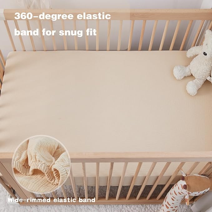 Muslin Crib Sheets Girls Rutiwa 2 Pack Boho Baby Sheets for Crib 100% Cotton Breathable Crib Sheets Toddler Bed Sheets Fit Standard Crib Mattress 28"x52"(Light Pink/Beige)