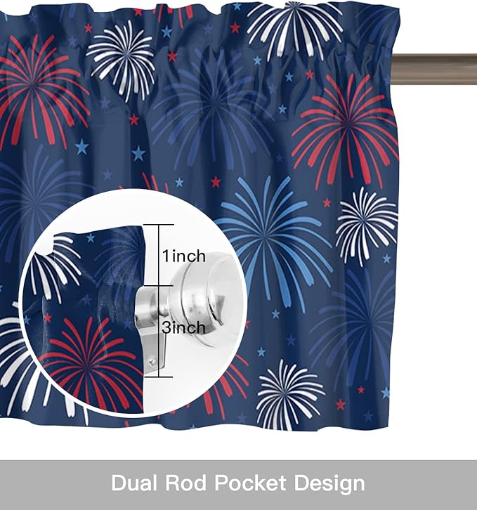 July 4th Kitchen Curtains Valances for Windows Fireworks Celebrate Patriotic Americana Stars Rod Pocket Window Treatment for Kitchen/Living Room/Bedroom/Bathroom, 42" X 12", Red, White and Blue