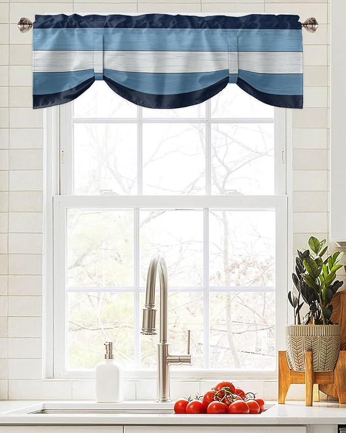 Farmhouse Blackout Tie Up Valance Curtains for Kitchen Windows,Navy Sky Blue White Window Toppers Balloon Shades for Living Room/Bathroom/Bedroom,1 Panel,60" X 18" Retro Rustic Barn Wood Texture